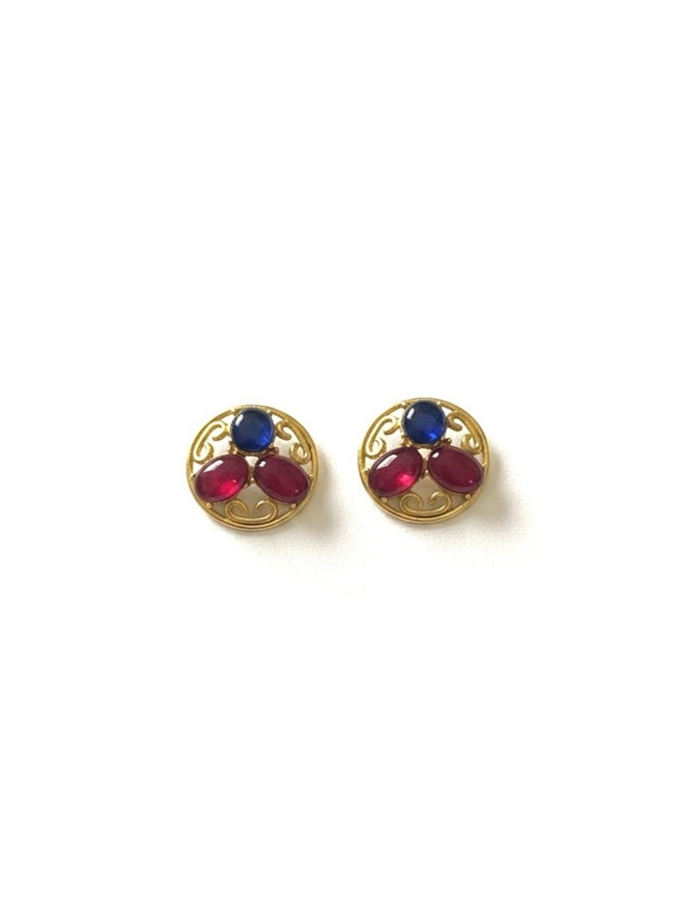 Vintage Gold Tone Clip-On Earrings with Red and Blue Cabochon Stones